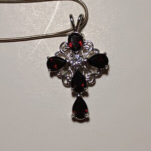 Peora Silver Cross Shaped Garnet Necklace/Pendant